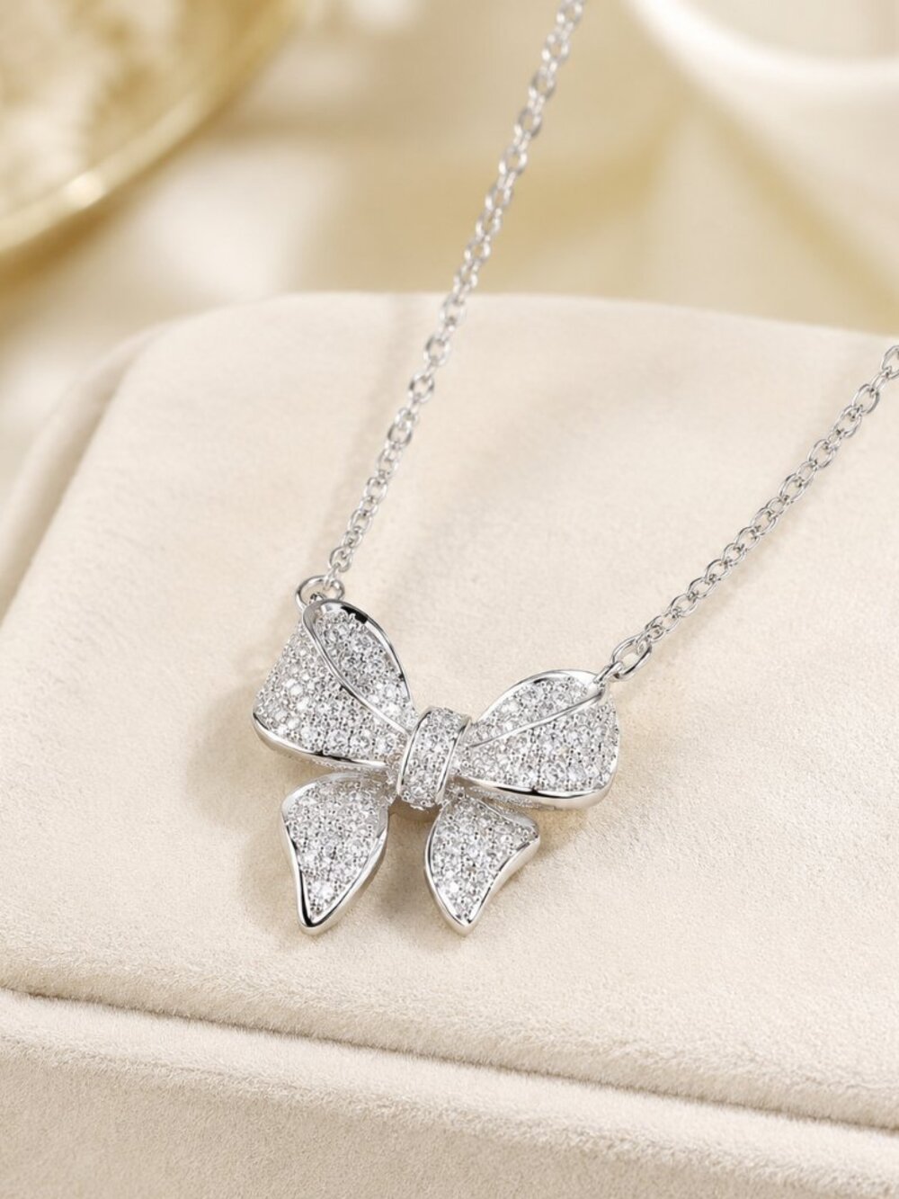 Silver Pavé Bow Pendant Necklace 19” Crystal Rhinestone Jewelry NWT
